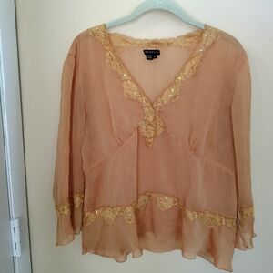 Sheer Baby doll top blouse peachy Orange M sequin lace Fairy Boho Festival Y2K